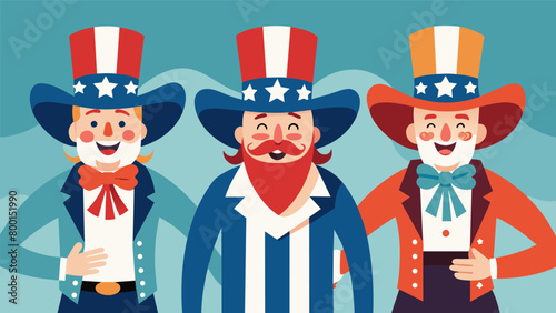 The rodeo clowns add a touch of humor to the event dressed in Uncle Saminspired costumes complete with oversized top hats.. Vector illustration