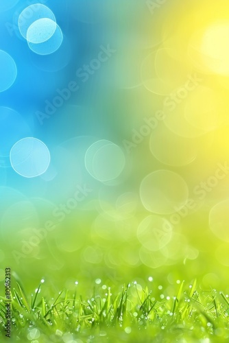 Spring meadow blur background with defocused bokeh, blue sky to green grass gradient