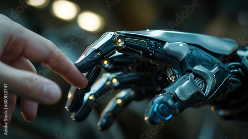 The delicate touch of a human finger meets the sleek, metallic finger of a robot, showcasing the harmony and cooperation between humans and artificial beings.