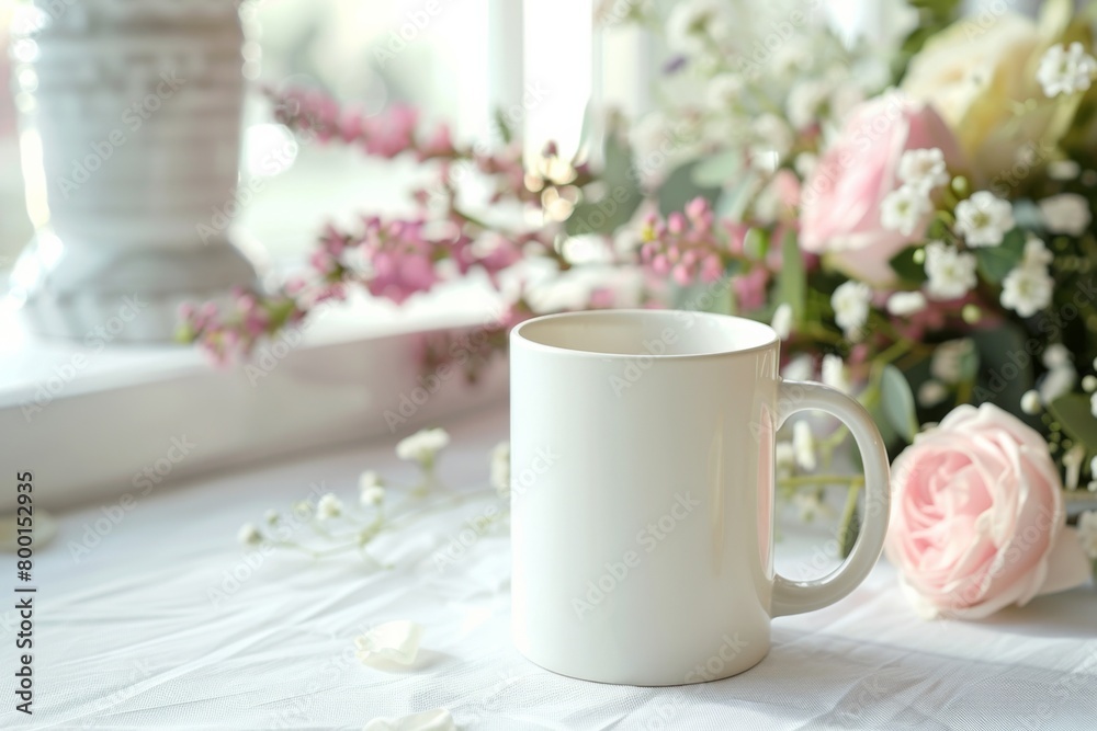 White Blank Mug Mockup in Photographic Scene created with Generative AI White Blank Mug Mockup in Photographic Scene created with Generative AI