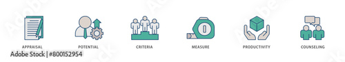 Performance review icons set collection illustration of appraisal, potential, criteria, measure, productivity, and counseling icon live stroke and easy to edit 