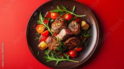 meat dish on red background.