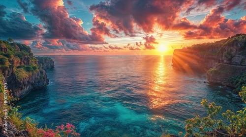 Coastal sunset scene with vibrant colors. Sunlight pierces through clouds  casting a golden path across the turquoise sea.