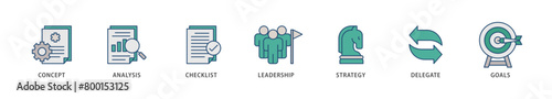 Planning icons set collection illustration of concept, analysis, checklist, leadership, strategy, delegate and goals icon live stroke and easy to edit 