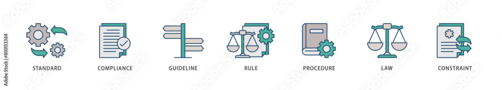 Regulation icons set collection illustration of standard, compliance, guideline, rule, procedure, law and constraint icon live stroke and easy to edit 