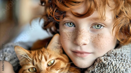 Intimate portrait of a red-haired child with freckles cuddling a ginger cat. 