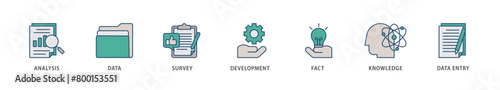 Research icons set collection illustration of analysis, data, survey, development, fact, knowledge and data entry icon live stroke and easy to edit 