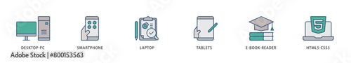 Responsive web design icons set collection illustration of tablets, html5 css3, e book reader, laptop, smart phone, desktop pc icon live stroke and easy to edit 