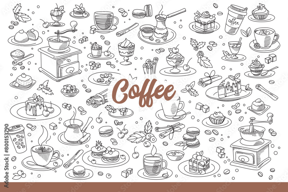 Coffee accessories and beans for delicious, invigorating breakfast. Set with coffee makers for making americano or cappuccino and desserts for coffeeshop menu design. Hand drawn doodle Coffee accessories and beans for delicious, invigorating breakfast. Set with coffee makers for making americano or cappuccino and desserts for coffeeshop menu design. Hand drawn doodle
