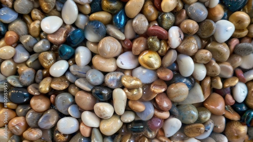 Close-up view of multicolored sea pebbles set in sparkling green and blue glass Close-up view of multicolored sea pebbles set in sparkling green and blue glass