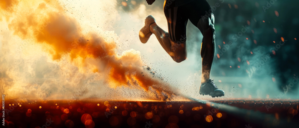 Naklejka premium Close up of running sportsman, athlete in motion. Jumping, workout, crossfit. Professional marathon runner on stadium road track. Sport concept. Jogging. Generative ai 