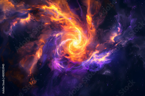 Abstract orange and purple cosmic swirls in neon galaxy. Stunning artwork on black background.