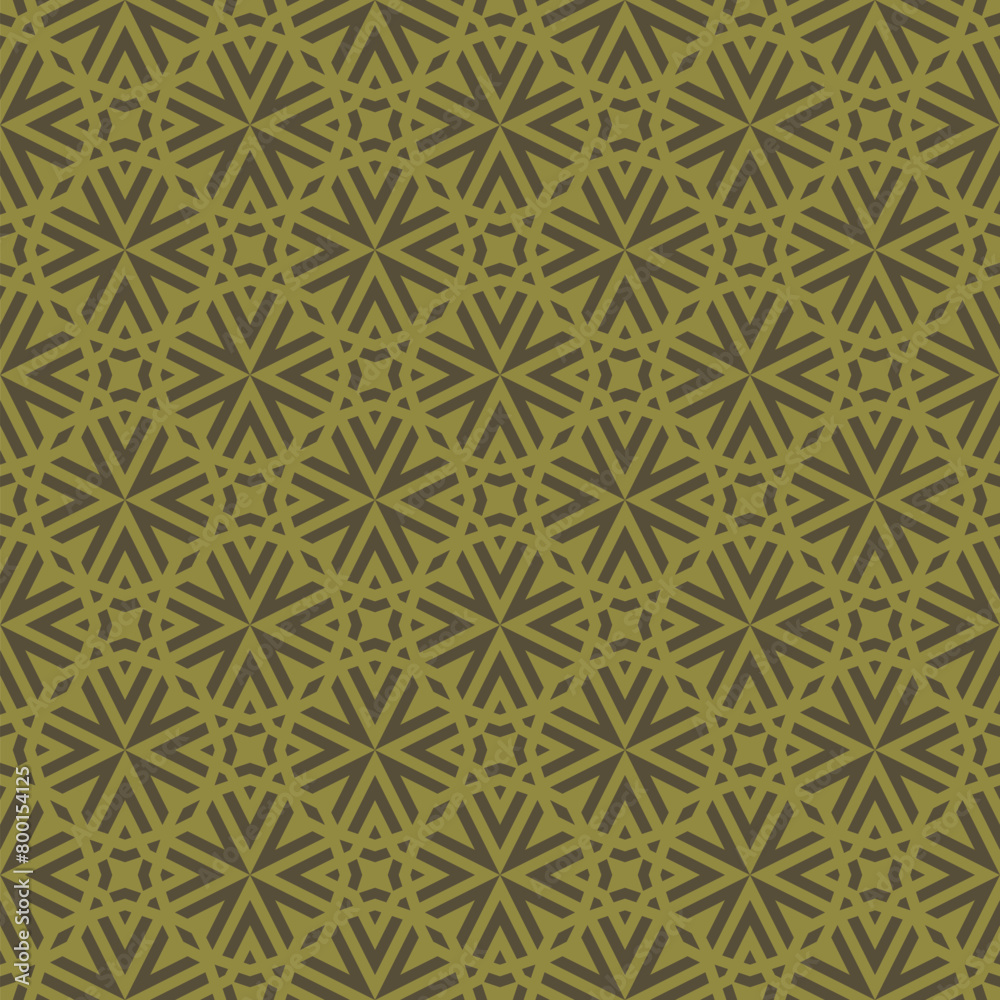 Vector geometric graphic texture. Stylish olive green seamless pattern with lines, stars, arrows, grid, lattice, floral silhouettes. Simple abstract background. Modern repeated decorative geo design