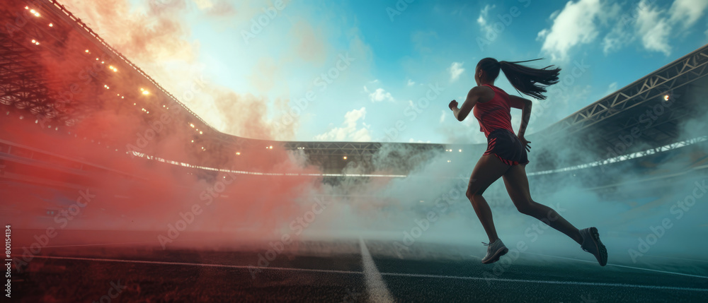 Close up of woman in motion. Female running on the stadium road or trail with steam. Professional marathon runner. Sporty girl. Outdoor sport, fitness banner. Jogging. Generative ai