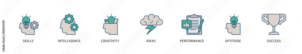 Talent management icons set collection illustration of skills, intelligence, creativity, ideas, performance, aptitude, and success icon live stroke and easy to edit Talent management icons set collection illustration of skills, intelligence, creativity, ideas, performance, aptitude, and success icon live stroke and easy to edit