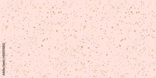 Gold and pink terrazzo flooring texture. Vector seamless pattern with chaotic scattered golden foil confetti background. Luxury mosaic floor surface. Trendy grunge design for decor, gift paper, print