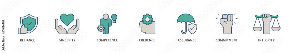 Trust icons set collection illustration of integrity, credence, commitment, assurance, competence, sincerity, reliance icon live stroke and easy to edit Trust icons set collection illustration of integrity, credence, commitment, assurance, competence, sincerity, reliance icon live stroke and easy to edit