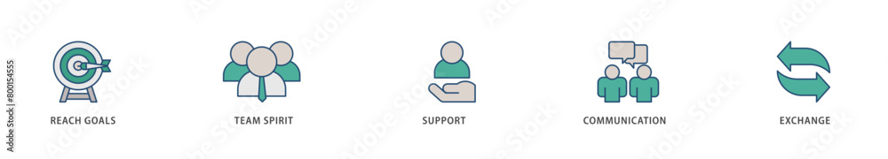 Working together icons set collection illustration of collaboration, reach goals, team spirit, support, communication, and exchange icon live stroke and easy to edit Working together icons set collection illustration of collaboration, reach goals, team spirit, support, communication, and exchange icon live stroke and easy to edit