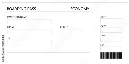 Empty black and white airline economy class flight boarding pass ticket