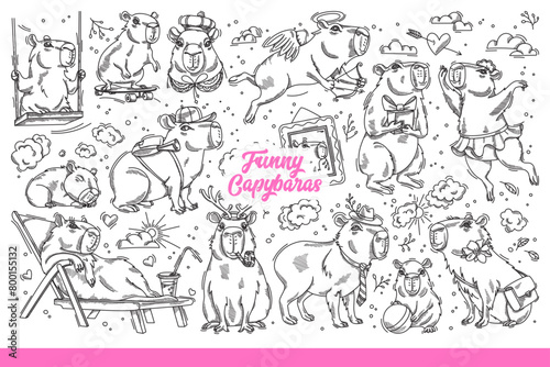 Funny copybars living in swamps  relaxing or having fun in fresh air. Fluffy animals copybars frolic and try to be like people on eve of summer holiday on july 10th. Hand drawn doodle