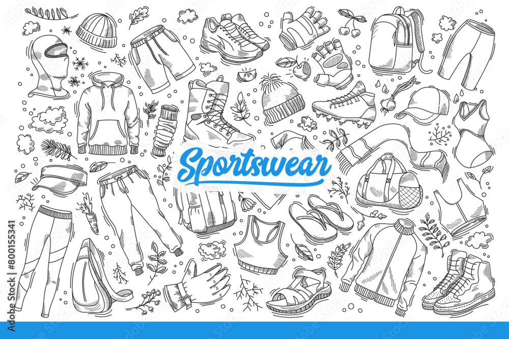 Sportswear for athletics and fitness, from store for athletes. Set of sportswear for lovers of healthy lifestyle, those who enjoy sports or joggers in morning to maintain figure. Hand drawn doodle