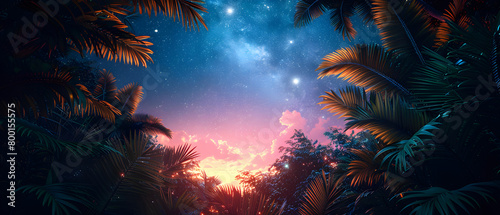 Beautiful summer evening starry sky background with sunset over coconut trees silhouettes