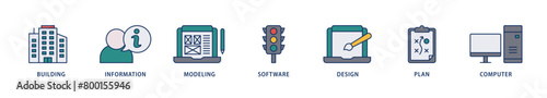 BIM icons set collection illustration of building, information, modeling, software, design, plan, and computer icon live stroke and easy to edit 