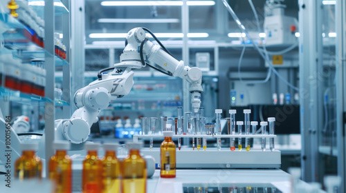 
A robotics-enhanced pharmaceutical lab where automated systems handle the preparation and analysis of compounds