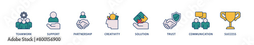 Collaboration icons set collection illustration of teamwork, support, partnership, creativity, solution, trust, communication, success icon live stroke and easy to edit 