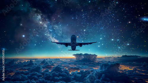 Airplane flying in night sky over the clouds, passenger jet commercial plane in starry night.
