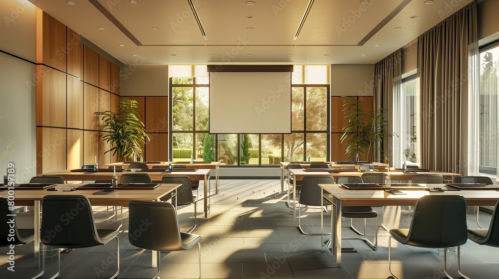 A contemporary conference room with sleek furniture and state-of-the-art AV equipment.