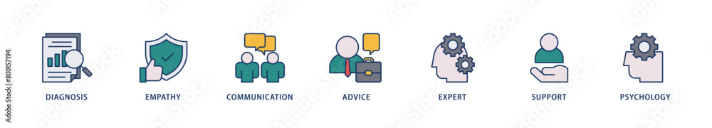 Obraz premium Counseling icons set collection illustration of diagnosis, empathy, communication, therapy, advice, expert, and support icon live stroke and easy to edit 