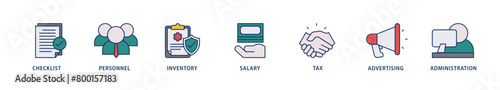 Cost reduction icons set collection illustration of checklist, personnel, inventory, salary, tax, advertising and administration icon live stroke and easy to edit 