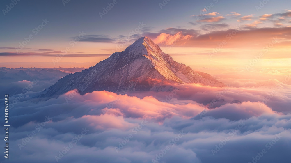 A majestic mountain peak towering above clouds, untouched by human presence during sunrise, embodying serenity and wilderness.