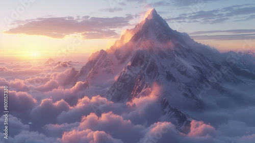 The majestic beauty of an untouched mountain peak at sunrise, floating above the clouds in solitude and serenity. photo