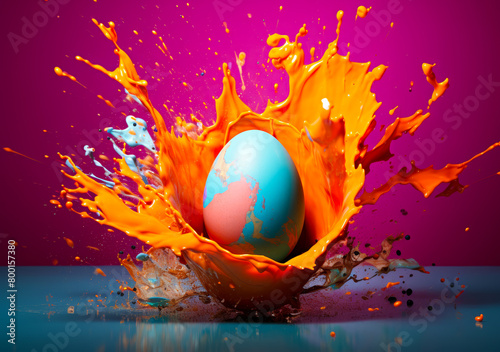 Vibrant Orange Easter Celebration - Colorful Splash Explosion with Decorated Egg, Holiday Concept