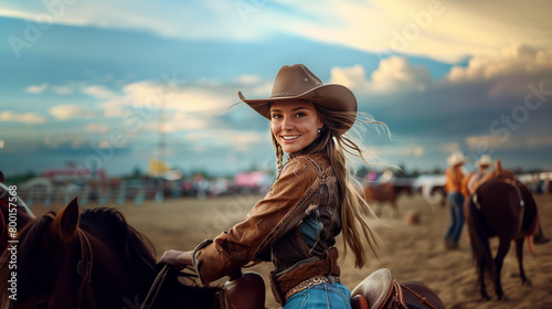 Smiling cowgirl riding a horse at a rodeo.