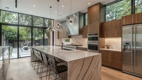 A contemporary kitchen with waterfall countertops and integrated appliances.