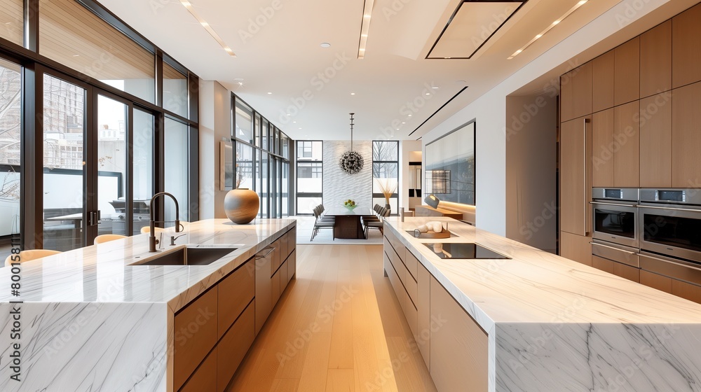 Obraz premium A contemporary kitchen with waterfall countertops and integrated appliances.