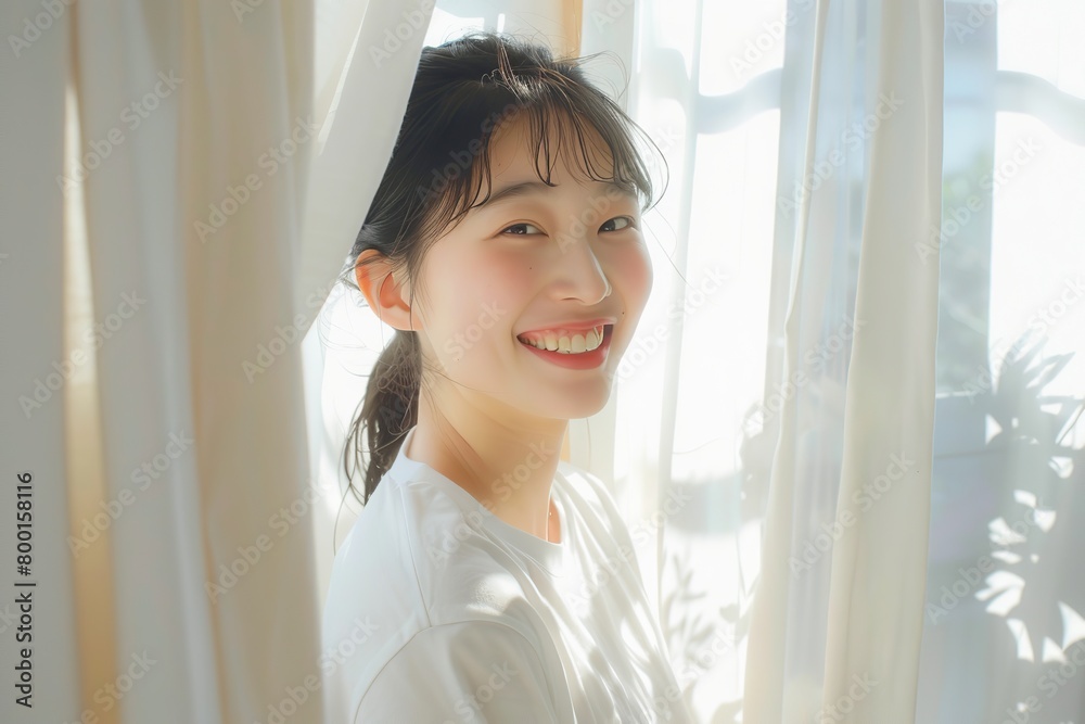 Young asian woman unveil curtain and looking out of window in the morning. Beautiful girl nearly window after waking up fully rested and open curtains. Start the new day with happiness. Relax, resting Young asian woman unveil curtain and looking out of window in the morning. Beautiful girl nearly window after waking up fully rested and open curtains. Start the new day with happiness. Relax, resting