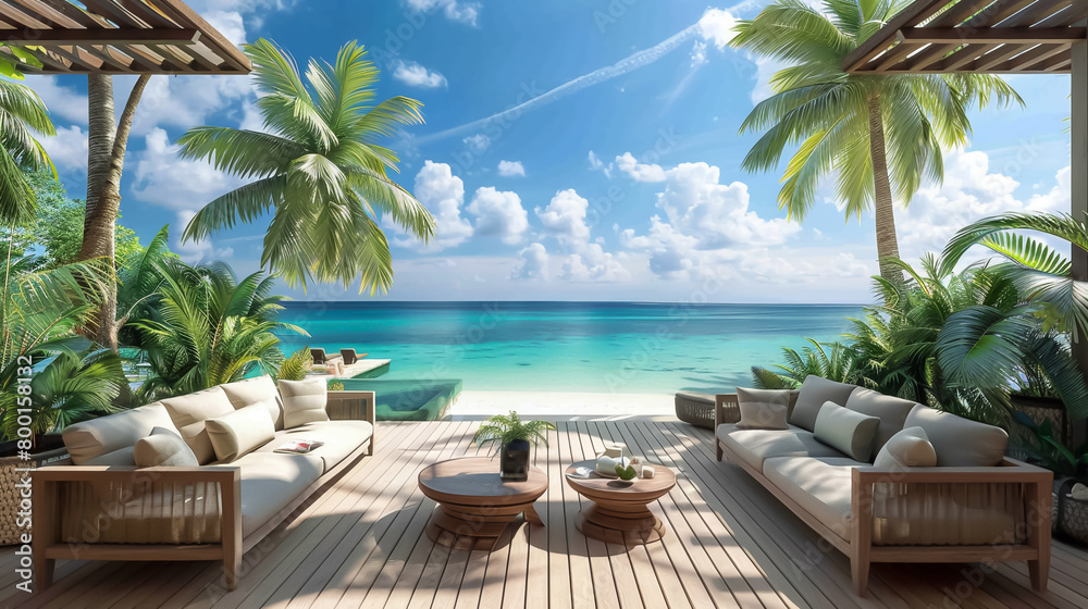 Fototapeta premium A beautiful beach house with a large deck, palm trees, and a view of the ocean.
