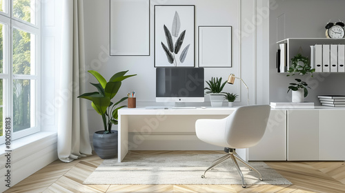 A bright and airy home office with a large window  a white desk  and a comfortable chair. The room is decorated with plants and artwork  and there is a rug on the floor.
