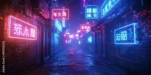 A cyberpunk alley at night, illuminated by vibrant blue and purple neon signs. The wet ground reflects the colorful lights, creating an urban and moody atmosphere.