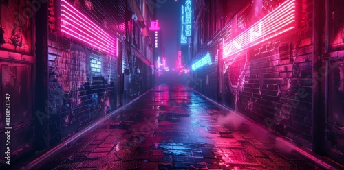 Beautiful neon night in a cyberpunk city. Futuristic cityscape. Empty street with multicolored neon lights.