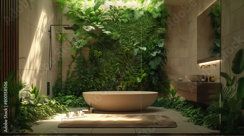 Bathroom with lush green plants growing on the walls and floor.