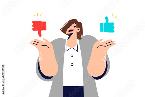 Woman encourages giving feedback and sharing user experience, holding thumbs up or down icons