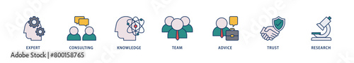 Expertise icons set collection illustration of expert, consulting, knowledge, team, advice, trust, and research icon live stroke and easy to edit 