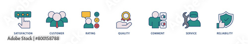 Feedback icons set collection illustration of satisfaction, customer, rating, quality, comment, service and reliability icon live stroke and easy to edit 