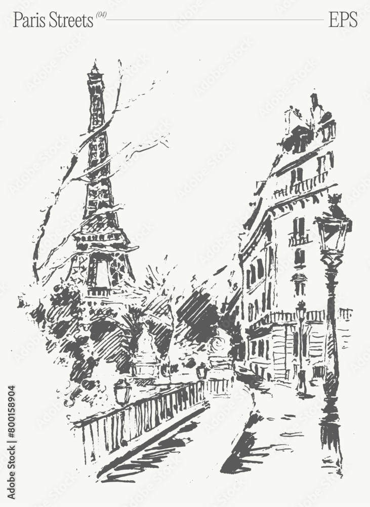 Obraz premium Hand drawn vector illustration of Eiffel Tower, Paris streets