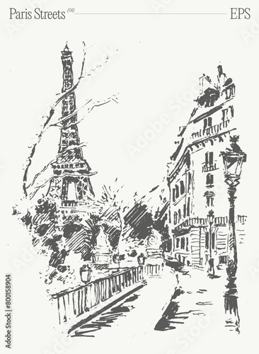 Hand drawn vector illustration of Eiffel Tower  Paris streets